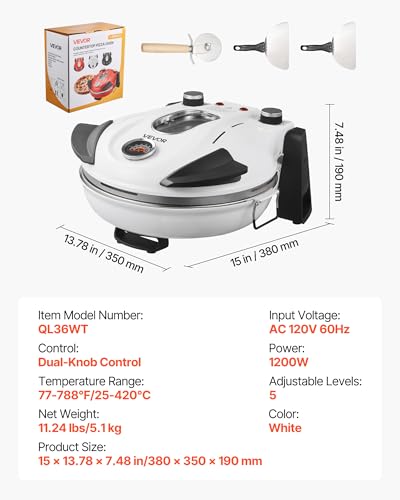 Image of VEVOR Pizza Oven Indoor, 12 in Electric Pizza Maker, 1200W Home Pizzas Cooker with Dual Temp Controls, 5 Heat Level, Max 788 ˚F Countertop Oven, Thermometer & Viewing Window for Precise Cook, White