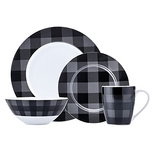 Safdie & Co. Buffalo Plaid Grey, Black 16 Piece Dinnerware Set, Service For 4, Fiesta Dinnerware, Home Trends And Home Food Network Essentials, Porcelain Dinner Plates, 16" L X 12" W X 15" H #TOP10