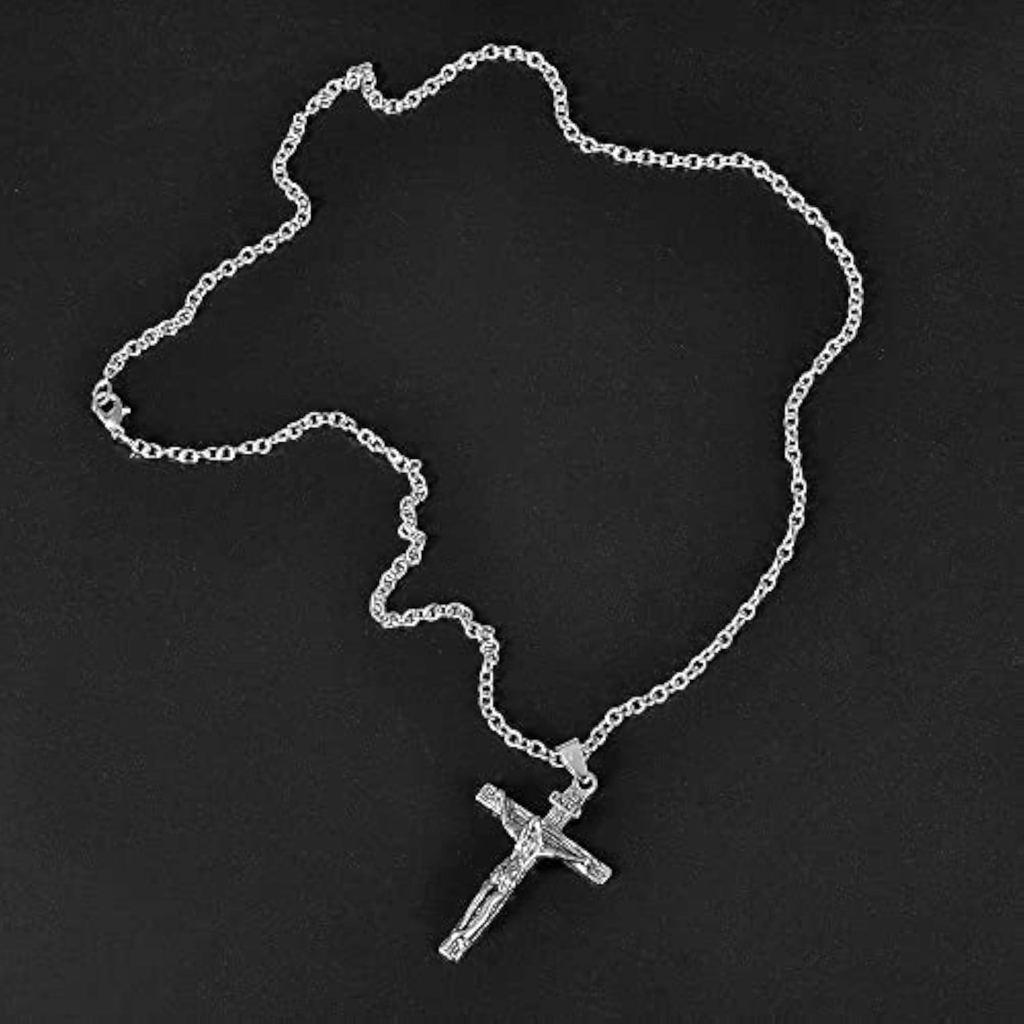 Oxidized Silver Jesus Cross Pendant Chain Necklace