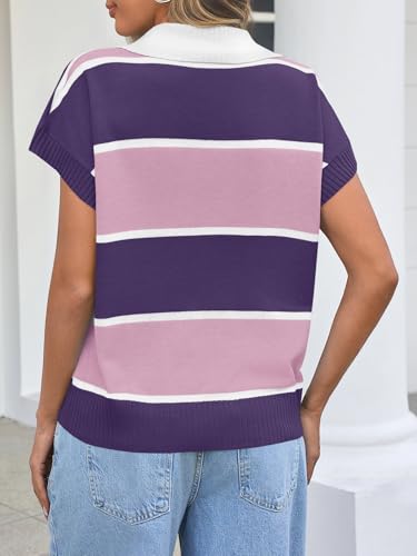 Image of Saodimallsu Women's V Neck Button Down Striped Short Sleeve Knit Sweater