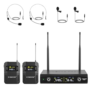 Phenyx Pro UHF Wireless Microphone System w/ 2×30 Tunable Frequencies, Metal Cordless Mic Set, 200 ft Range, 2 Bodypacks & Headsets/Lapel Mics for Speaking, Singing, Church, DJ (PTU-52-2B)