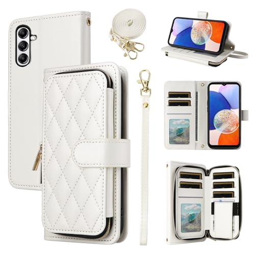 Étui portefeuille Samsung A25 5G blanc avec bandoulière amovible et 9 fentes cartes