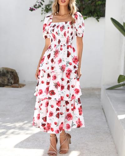 Image of BTFBM Womens Floral Smocked Summer Maxi Dresses | Square Neck Puff Short Sleeve Ruffle Tiered, 2026 Trendy Casual Sundress, Cruise Holiday Beach Vacation Wedding Guest Dress