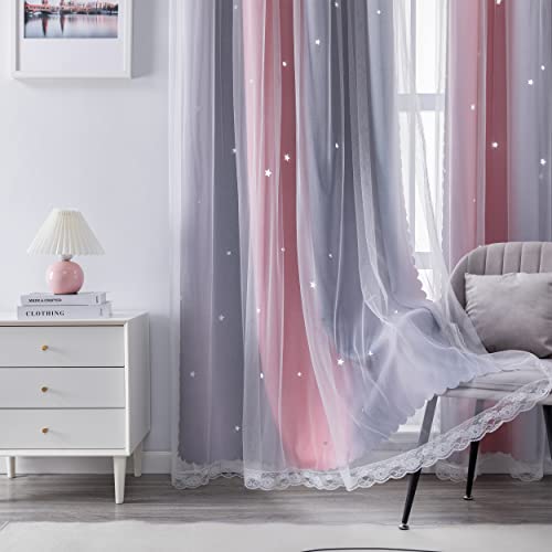 Image of XiDi Curtains for Bedroom Decor, Rainbow Pink-Grey-52-54