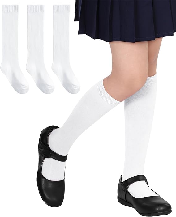 WKLOUYHE Girls Kids Knee High School Socks Cotton Socks_Pack Of 04(White,15-16 Years)