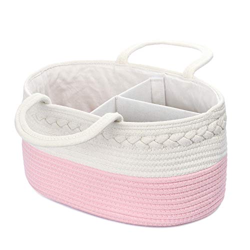 Genenic Baby Diaper Caddy Organizer - Newborn Portable Stylish Cotton Rope Nursery Storage Basket with Removable Insert for Changing Table & Car, Best Baby Shower Gifts (White&Pink)