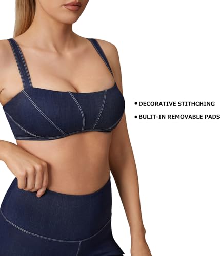 Move With You Womens Denim Sports Bras- Scoop Neck Yoga Contrast Low Coverage Padded Bra 013