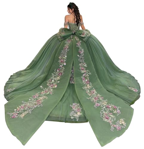 Mauuwy 3D Floral Quinceanera Dresses Lace Applique Tulle Sweet 16 Dress Beaded Off Shoulder Vestidos De 15 Años with Bow
