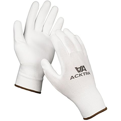 ACKTRA 12 Pairs, Safety Work Gloves Polyurethane (PU) Coated, White Polyester White Coating, Ultra-Thin and Light, EN388 3121X, Multipurpose, Unisex, Bulk Pack WG002, Large Cover