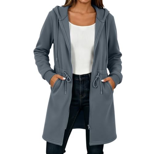 Sudadera con capucha para mujer – Sudadera con capucha para mujer – estilo gabardina – Chaqueta larga con bolsillos – Color sólido – Cordón ajustable – Moda e informal – Otoño e invierno, gris, M