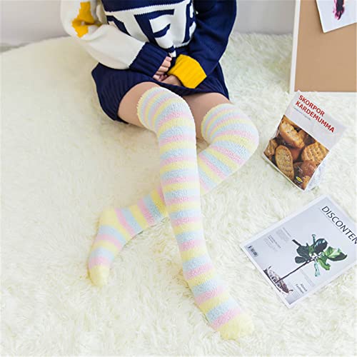 ASkinds 2 Pairs Women's Over Knee High Fuzzy Socks, Cute Coral Fleece Thigh High Long Striped Winter Christmas Leg Warmers3