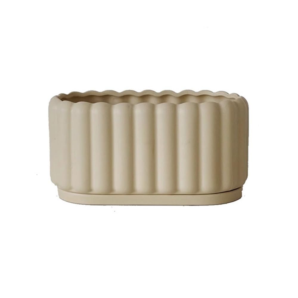 Kx9lb8d Beige Flower Planters Vertical Striped Rectangles Plant Pot Ceramic Flower With Drainage Holes And Saucers Tray For Windowsill Living Room Bedroom Plants Container