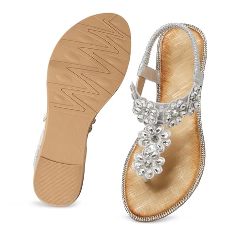 Image of iCKER Women Rhinestone Sandals T-Strap Buckle Bohemian Pearl Crystal Flat Sandals