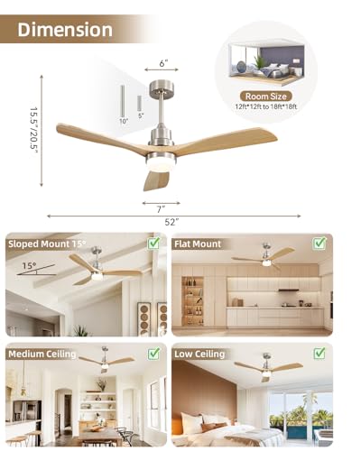 Image of Sofucor 52 Inch Wood Ceiling Fans with Lights and Remote, Indoor /Outdoor