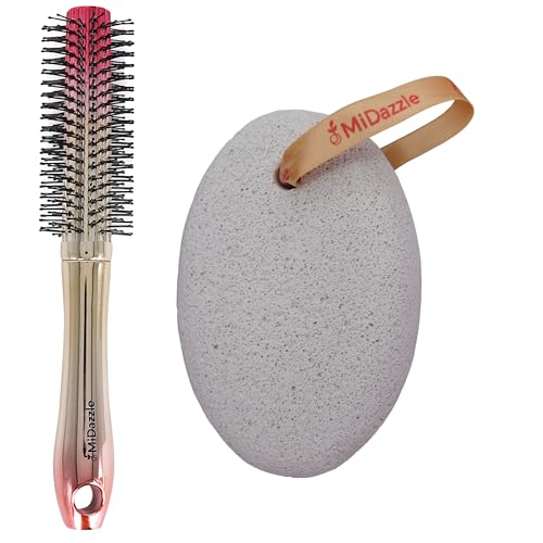 Image of Midazzle Premium Round Hair Brush Set with Pumice Stone, Golden, Large, 2 Pieces