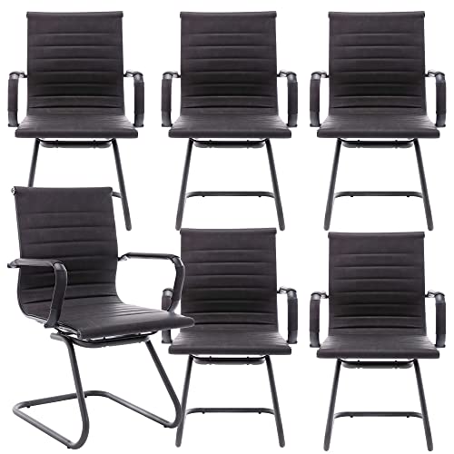 Image of Office Desk Chair No Wheels Set of 6 PU Leather Computer Chairs Mid Back Guest Chairs for School Reception Conference Waiting Room, Vintage Charcoal