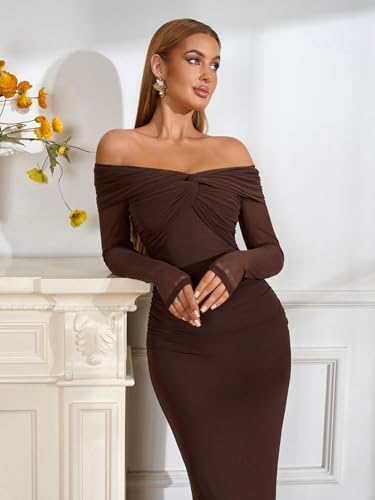 Off Shoulder Long Sleeve Bodycon Maxi Dress Mesh Twist Ruched Wedding Guest Formal Party Fall Dresses for Women2