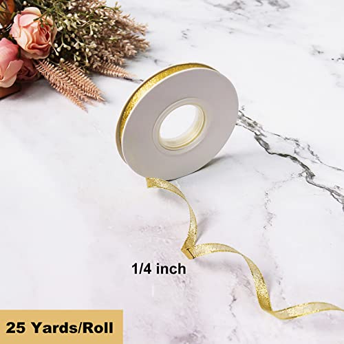 Glitter Metallic Gold Ribbon 1/4 Inch 25 Yards, Sparkly Fabric Ribbon Perfect For Crafts, Sewing, Gift Package Wrapping For Christmas, Easter, Valentines Day, Birthday #TOP5