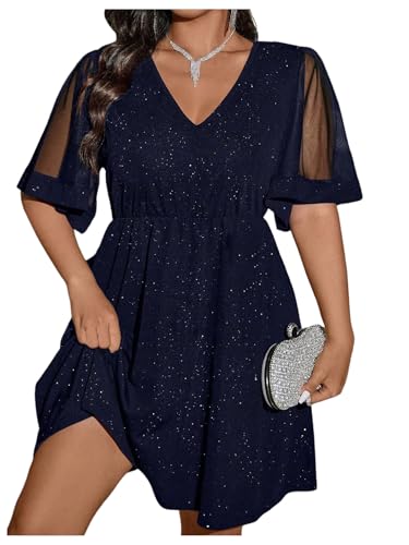 Floerns Women's Plus Size Contrast Mesh Half Flounce Sleeve V Neck Glitter Flared Hem A Line Dress Deep Blue XX-Large Plus