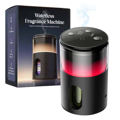 Battery Operated Waterless Diffuser Portable Scent Machine for Car Office & Bedroom Ultrasonic Aroma Mist with 9 Color LED Light Mini Essential Oil Diffuser Charcoal Black