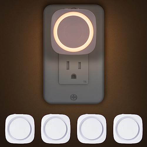 Warm Night Lights Plug into Wall, 4 Packs Dimmable Night Light with Dust to Dawn Sensor, Automatically Turn on and Off, Gentle Glow Nightlight for Bathroom,Bedroom,Stairs,Kitchen,Hallway,Warm White