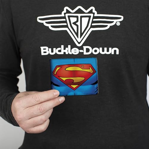 Buckle-Down Men's PU Bifold Wallet-Superman Galactic Battle Chest Logo Blue/Red/Yellow, Multicolor, 4.0" x 3.5"3