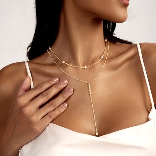 Zeffy Lariat Gold Necklace for Women, Dainty Long Necklace 14k Gold/Silver Plated Layered CZ Beaded Bar Chain Y-Shaped Body Chain Stack Drop Wedding Necklace Trendy Simple Gold Jewelry Gifts2
