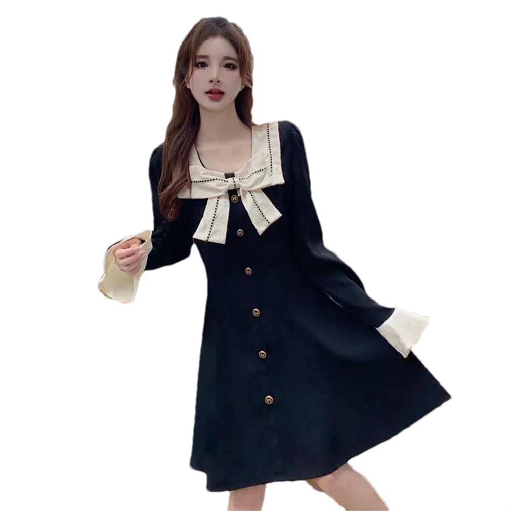 Women's Square Collar Long Sleeve Dresses Bow Patchwork A-Line Dress