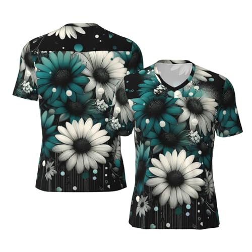 Stylish Athletic Sports Jersey Modern-Teal-Flowers-Dots Men's Rugby Jersey 3X-Large