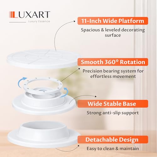 Image of LUXART 11 Inch Rotating Cake Turntable for Cake Decorating | Smooth 360 Revolving Cake Stand with Non-Slip Base | Food Grade BPA-Free Plastic | White Colour | Baking & Dessert Display