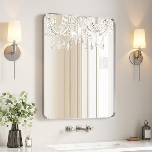 Image of USHOWER Brushed Nickel Bathroom Mirror 24 inchx36 inch, Silver Rectangle Mirror for Over Sink, Rounded Corner, Aluminum Frame, Anti-Rust, Tempered Glass, Horizontal or Vertical Mounted