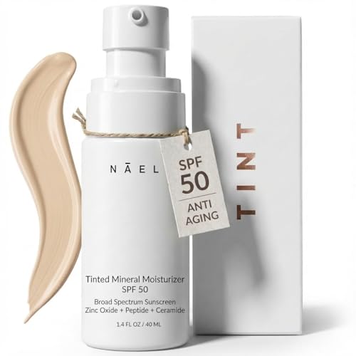 NAELI Anti Aging Tinted Moisturizer SPF 50, Mineral Sunscreen for Face with Zinc Oxide, Peptides & Ceramides, Natural Hydrating Light Tint - 1.4 oz