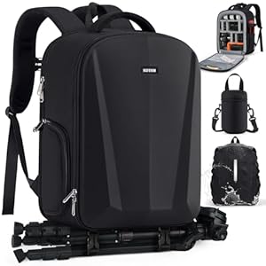 SDYSM Camera Backpack, Hardshell DSLR/SLR Camera Bag with Lens Pouch & 15.6″ Laptop Compartment Waterproof Camera Case with Rain Cover Photography Backpack Compatible for Canon/Nikon/Sony/Drone Black