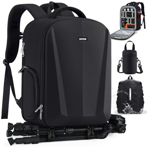 SDYSM Camera Backpack, Hardshell DSLR/SLR Camera Bag with Lens Pouch & 15.6' Laptop Compartment Waterproof Camera Case with Rain Cover Photography Backpack Compatible for Canon/Nikon/Sony/Drone Black