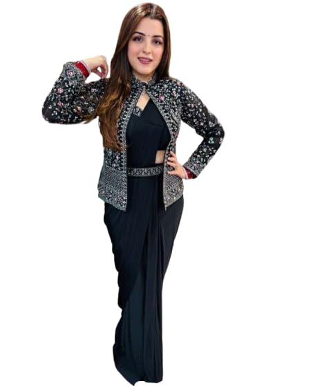 Lehenga Choli Indo-Western Draped Set For Womens And Girls Heavy Satin Creap Silk Trending Embroidery Sequins work ready to wear saree with full koti Wedding-image-24