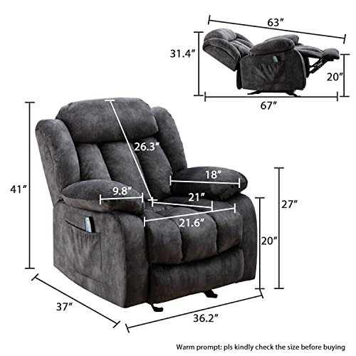 Inzoy Massage Rocker Recliner With Heat And Vibration, Manual Rocking Recliner Chair With Vibrating Massage, Soft Fabric Overstuffed Recliner Comfy Padded Heated Recliner, Grey #TOP1
