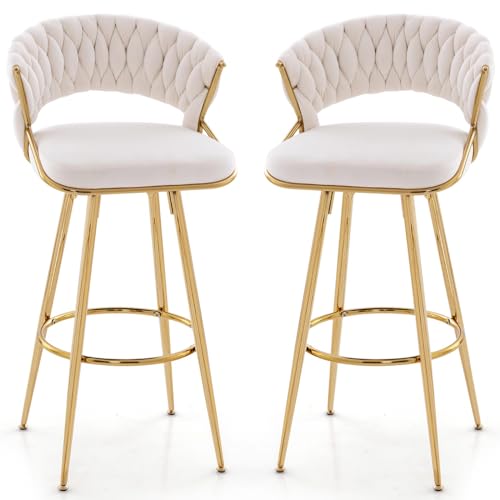 RELAX4LIFE Lot de 2 Chaises de Bar en Velours, Tabouret Haut Bar avec Siège Rembourré, Pieds en Métal Doré, Chaise Haute pour Ilot Central, Cuisine, Salle...