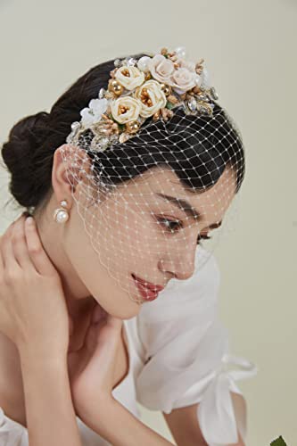 Babeyond 1920S Fascinator Mesh Veil Headband Bridal Wedding Tea Party Fascinator Veil For Women Beige #TOP2