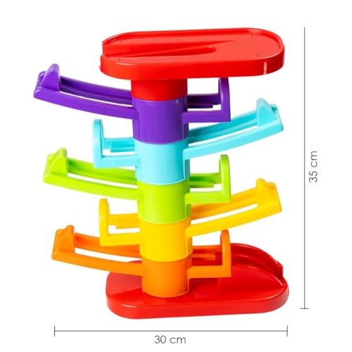 Image of Ratna's 3 in 1 Thunder Racer Track Car Ramp 5 Layer Ball Drop & Roll Swirling Tower Toys for Baby and Toddler | Stack, Drop & Go Ramp Toy Set Includes 3 Cars, 3 Sliders & 1 Ball