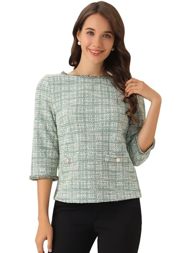 Allegra K Women's Elegant Tweed Plaid Top 3/4 Sleeve Button Decor Vintage Blouse