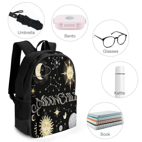 Men Women Polyester Sun Moon Stars Space Celestial Illustration Daypack Big Capacity Shoulder Bag With Smooth Zippers for Hiking Work Walking Cycling4