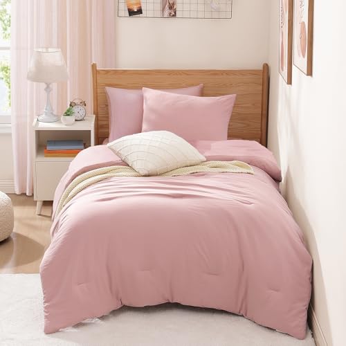 Image of Twin XL Comforter Set- 5 Pieces Prewashed Bed in a Bag Twin Bedding Sets | Soft All Season Comforter with Sheets, Pillow Sham & Pillowcase,Soft Pink