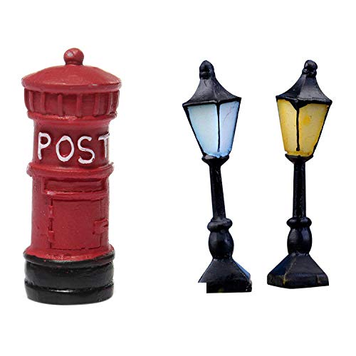 Domilay 3 Pcs Miniature Dollhouse Crafts Fairy Garden Ornament Outdoor Home Decoration, 2 Pcs Streetlight & 1 Pcs Retro Postbo