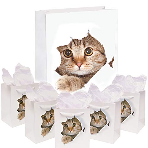 Gift Bags | 5-Pack | Cute Kitten Paper Bags Party Favors | White Rope Handles | Reusable & Biodegradable | 7x7.5 In | by Boopy