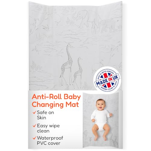 Babycurls Deluxe Anti-Roll PVC Wedge Nappy Baby Changing Mat with Curved Sides and Raised Edges for Babies from Birth Upwards Wipe Clean and Waterproof 69 x 45 x 8cm (Safari Sketches)