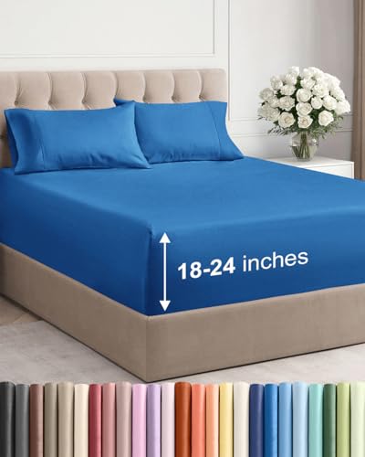 Extra Deep Pocket King Sheets - 4 Piece Breathable & Cooling Bed Sheets - Hotel Luxury Bed Sheet Set - Soft, Wrinkle Free & Comfy - Easily Fits Extra Deep Mattresses - Deep Pocket Royal Blue Sheets