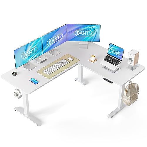 Image of BANTI L-Shaped Standing Desk - 63 x 55 Inch Adjustable Corner Standing Desk with Charging Station - L Shape Sit Stand Table with Memory Controller, Splice Board for Home Office, White