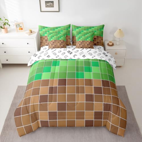Image of Erosebridal Gaming Plaid King Comforter Set with Sheets 7 Piece Geometric Checkered Gamer Bed in A Bag Checkerboard Games Bedding Sets for Kids Adults,Brown Green Grids Bed Set