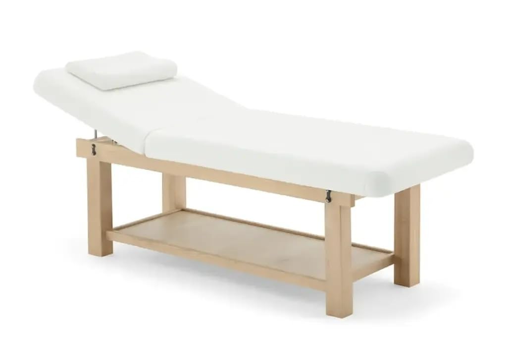 Tavolo da massaggio SAVANE in legno chiaro | larghezza 75 cm, materasso spesso, schienale regolabile a tacchi, foro facciale & testiera, vassoio portaoggetti, rivestimento bianco |