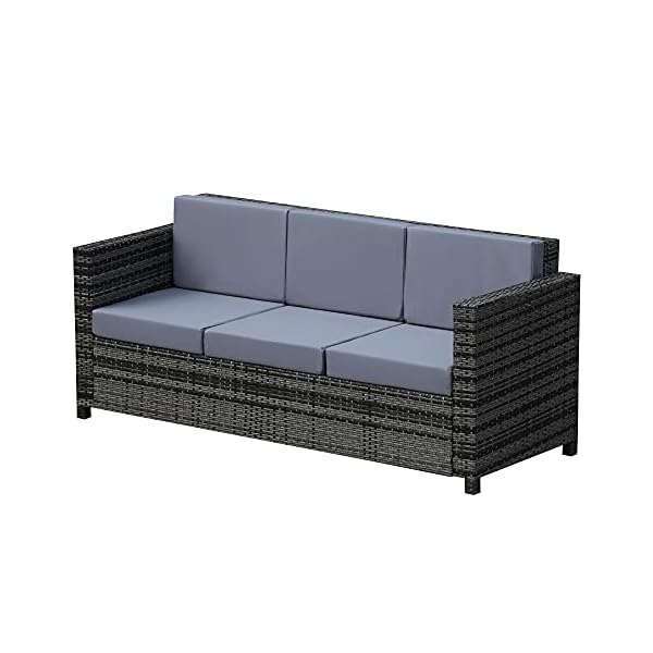 Outsunny 3 Seater Rattan Sofa All-Weather Wicker Weave Metal Frame Chair with Fire Resistant Cushion - Grey
